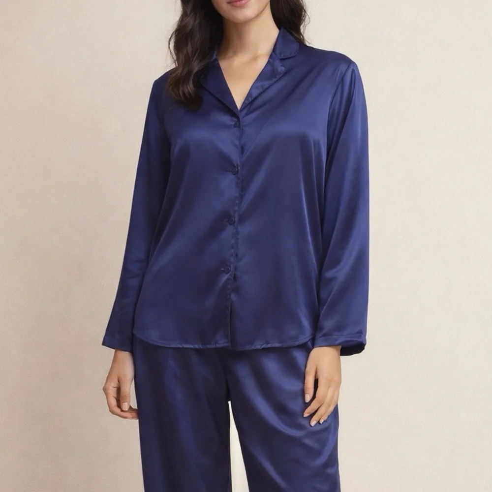 Navy Blue Satin 2-pc Pajama Set | Long Sleeve Top & Full-Length Pants 1X